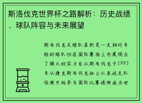 斯洛伐克世界杯之路解析：历史战绩、球队阵容与未来展望